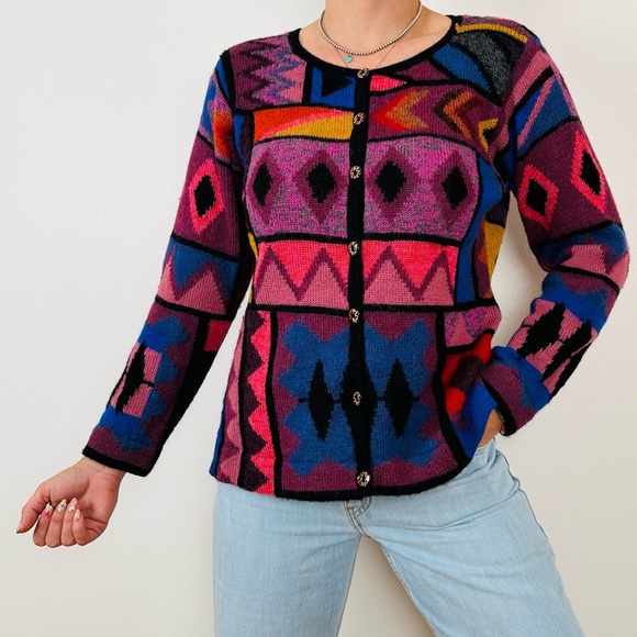 Emoda 100% Alpaca cardigan sweater geometric print - Picture 1 of 8